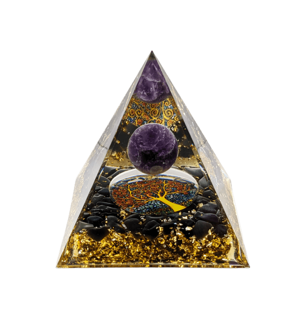 Orgonit-Pyramide, Amethyst  &  schwarzer Obsidian, Baum des Lebens