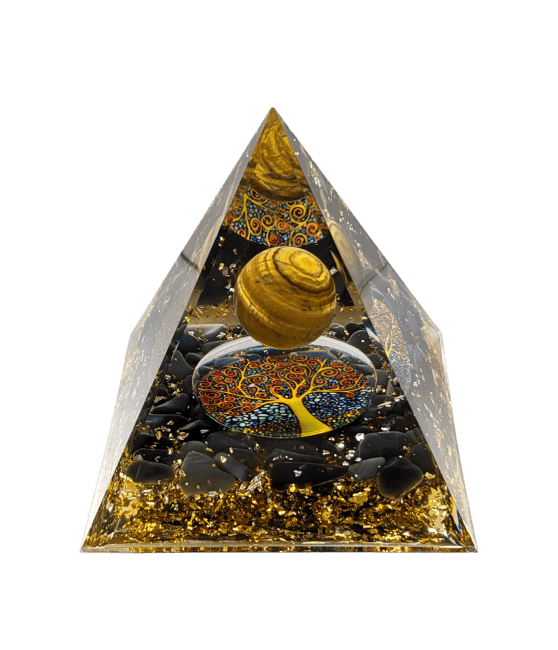 Orgonite Pyramide Oeil de Tigre & Obsidienne Noire Arbre de Vie chez Arabesk