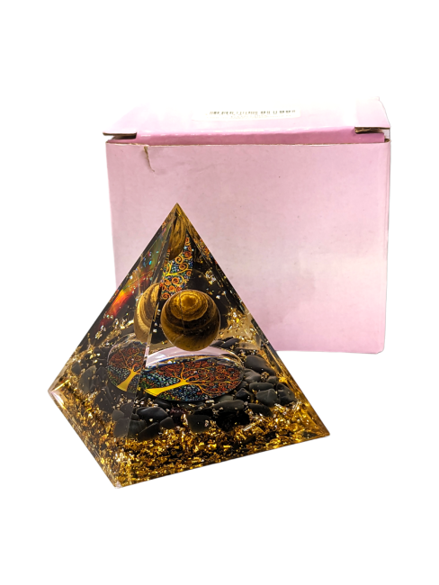 Orgonite Pyramide Oeil de Tigre & Obsidienne Noire Arbre de Vie