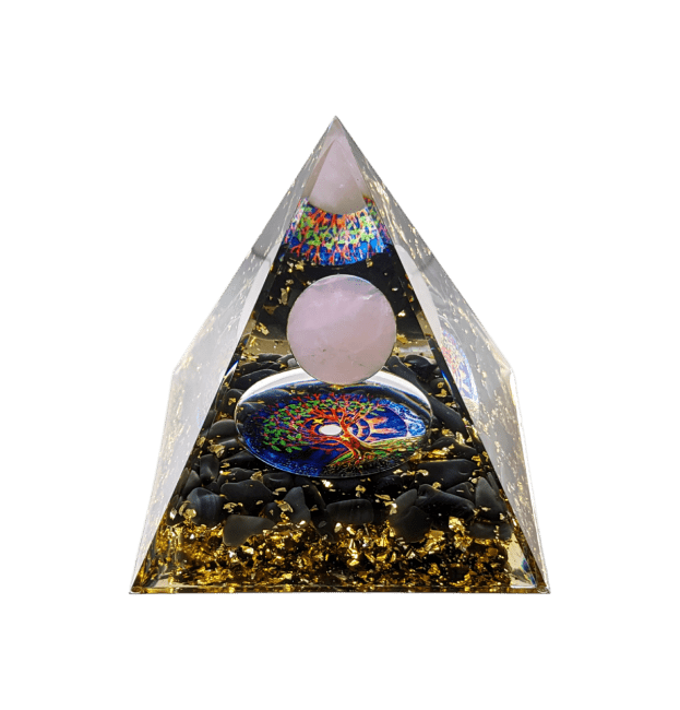 Orgonite Pyramide Quartz Rose & Obsidienne Noire Arbre de Vie chez Arabesk