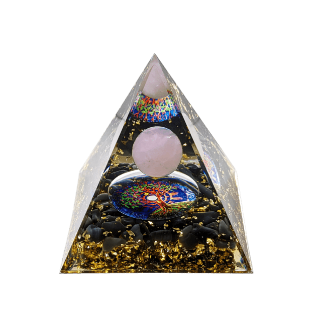 Orgonite Pyramide Quartz Rose & Obsidienne Noire Arbre de Vie