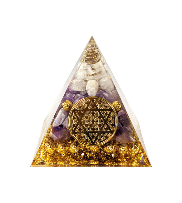 Orgonite Pyramide Cristal de Roche & Amethyste Fleur de Vie Pentacle
