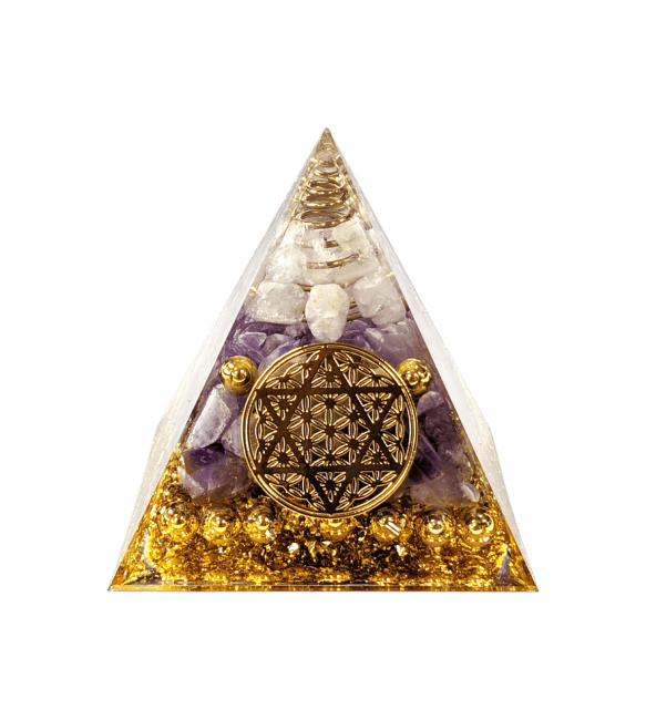 Orgonite Pyramide Cristal de Roche & Amethyste Fleur de Vie Pentacle