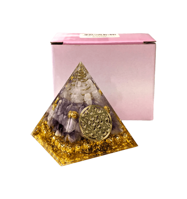 Orgonite Pyramide Cristal de Roche & Amethyste Fleur de Vie Pentacle chez Arabesk|fr