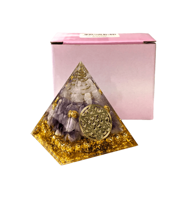 Orgonite Pyramide Cristal de Roche & Amethyste Fleur de Vie Pentacle