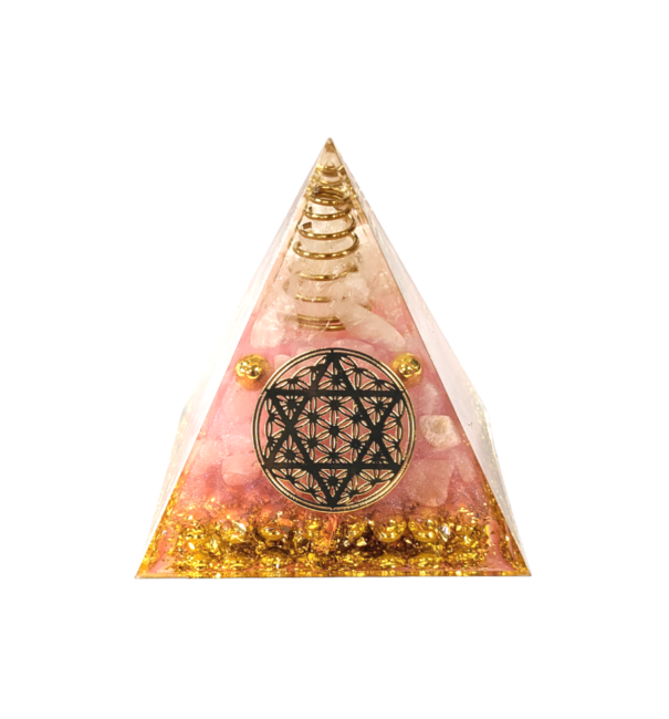 Orgonite Pyramide Cristal de Roche & Quartz Rose Fleur de Vie Pentacle