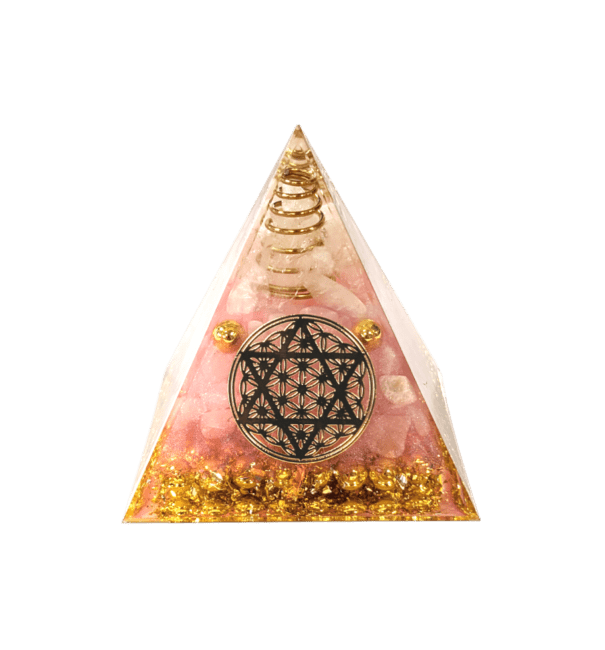 Orgonite Pyramide Cristal de Roche & Quartz Rose Fleur de Vie Pentacle chez Arabesk