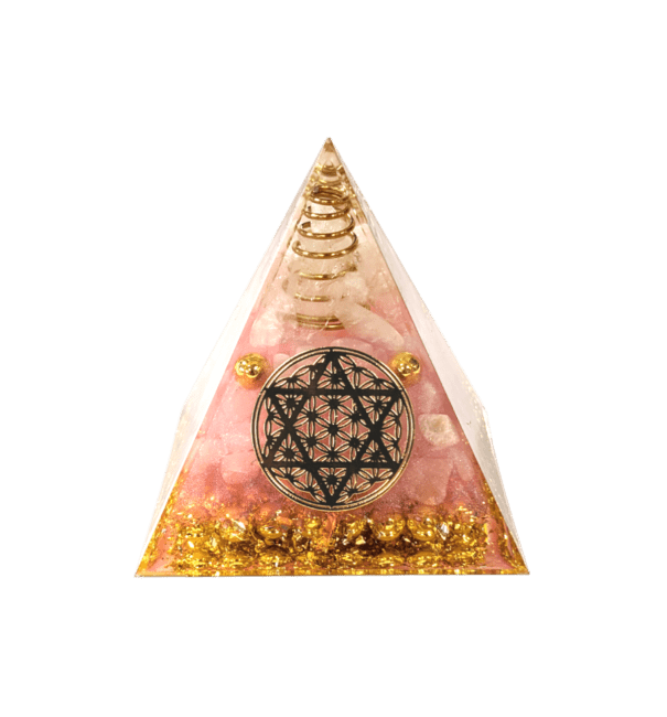 Orgonite Pyramide Cristal de Roche & Quartz Rose Fleur de Vie Pentacle