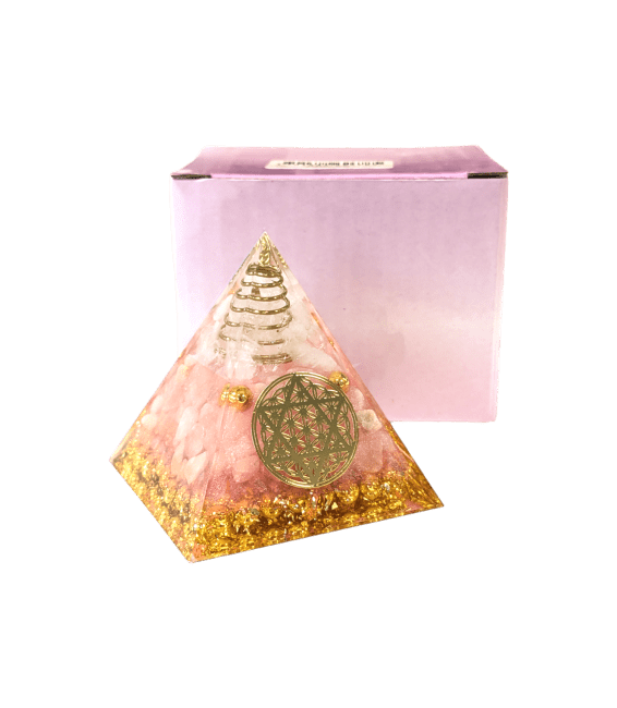 Orgonite Pyramide Cristal de Roche & Quartz Rose Fleur de Vie Pentacle chez Arabesk|fr