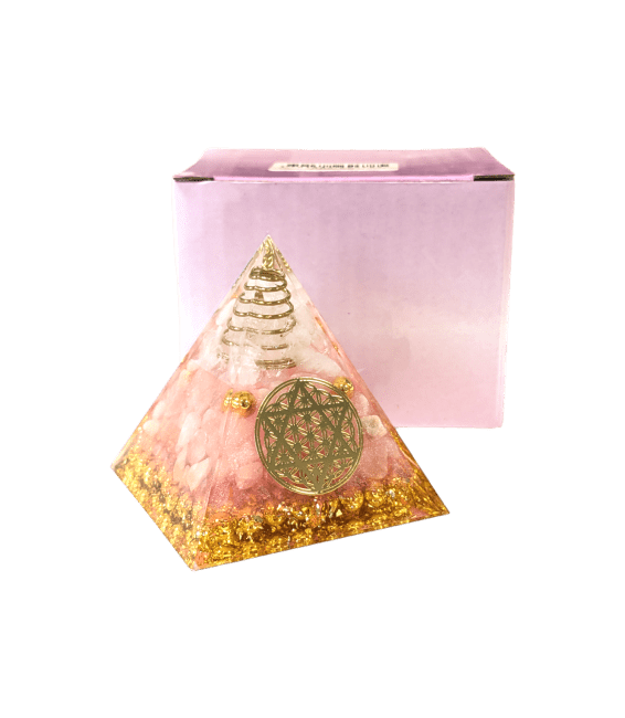 Orgonite Pyramide Cristal de Roche & Quartz Rose Fleur de Vie Pentacle