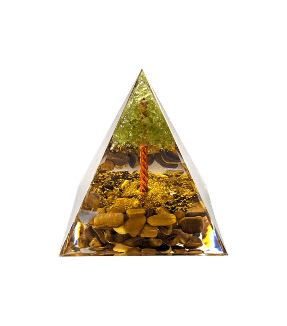 Orgonite Pyramide Oeil de Tigre & Péridot Arbre de Vie