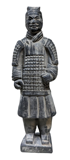 Schwarze Kriegerstatue mit Rüstung aus Terrakotta, 22 cm