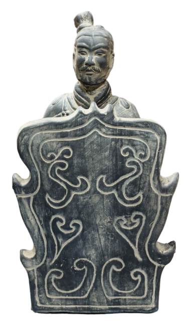 Schwarze Bogenschützenstatue mit Schild aus schwarzer kniender Terrakotta, 35 cm