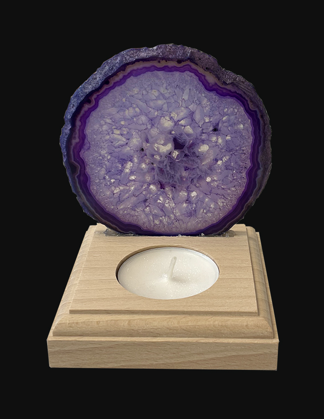 Bougeoir tranche d'Agate Violette sur socle en bois