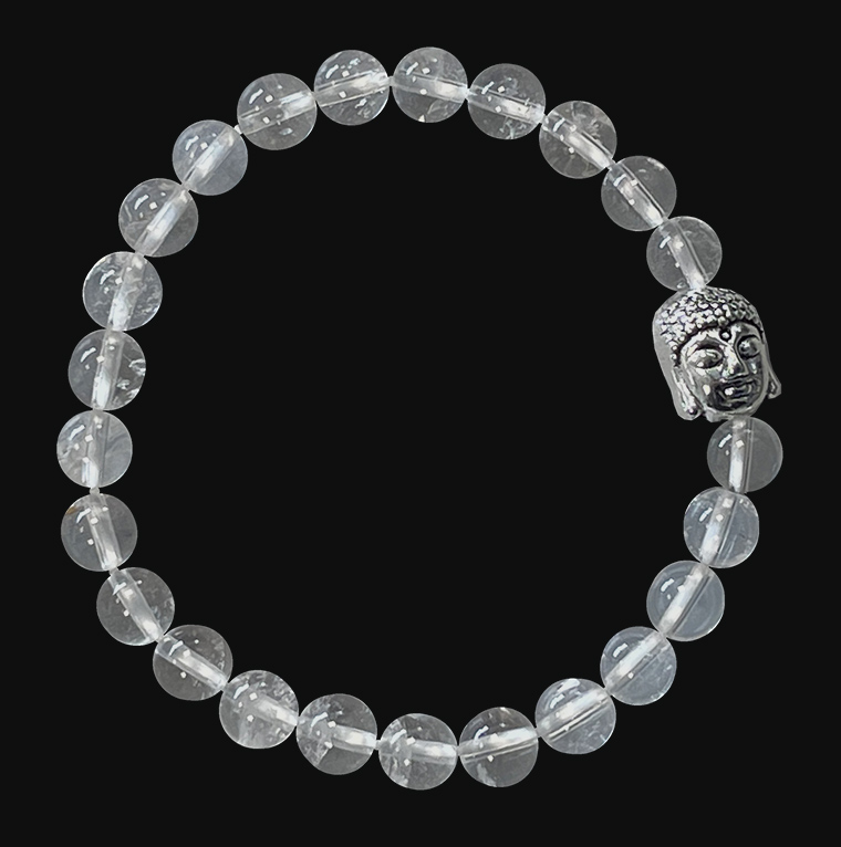 Bracelet Cristal de roche & Bouddha perles 6mm