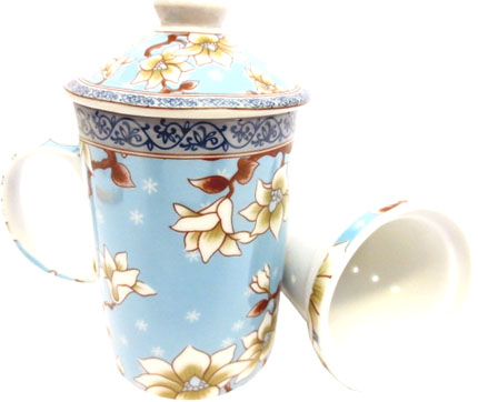 Mug Théière bleu clair porcelaine avec fleurs blanches