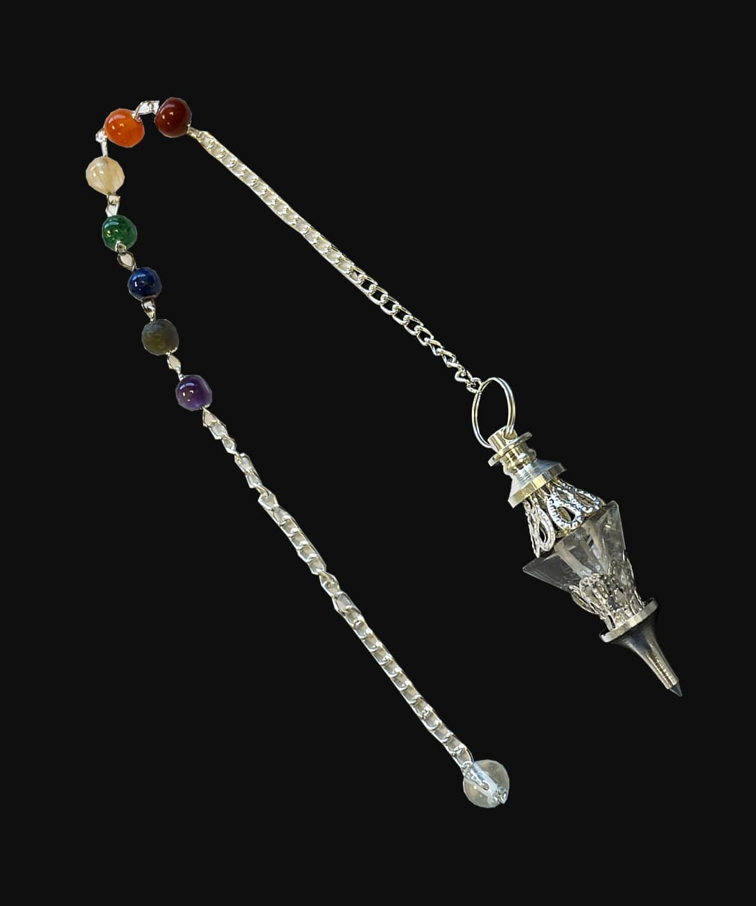 Pendule Cristal de Roche & métal conique 7 Chakras