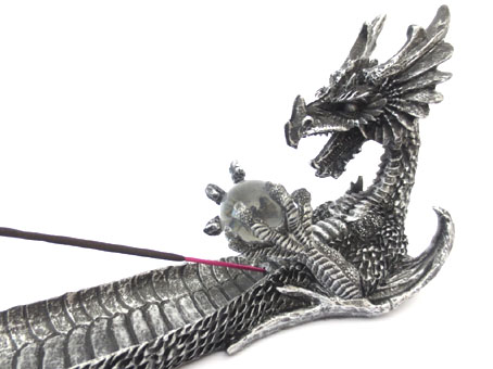 Porte encens dragon résine argent 32cm