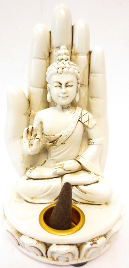 Porte encens bouddha blanc assis sur main 13cm