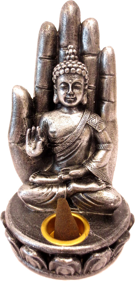 Porte encens bouddha argenté assis sur main 13cm