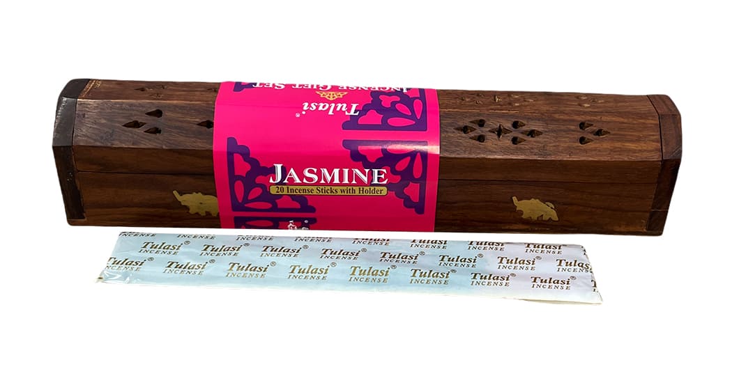 Porte encens coffret Elephant en bois 30cm avec 20 bâtonnets encens Tulasi Jasmin