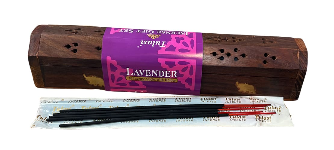 Porte encens coffret Elephant en bois 30cm avec 20 batonnets encens Tulasi Lavande