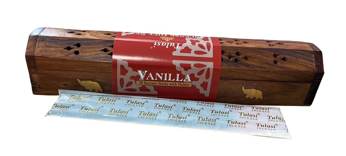 Porte encens coffret Elephant en bois 30cm avec 20 batonnets encens Tulasi Vanille