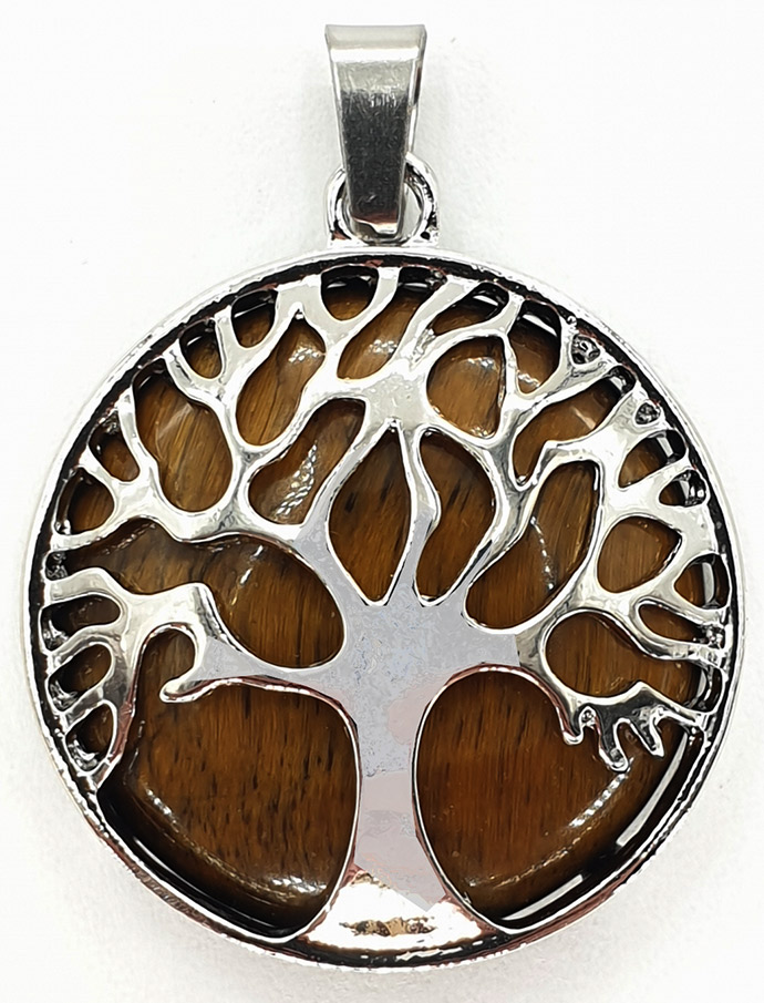 Pendentif arbre de vie Œil de Tigre métal & pierre 3cm