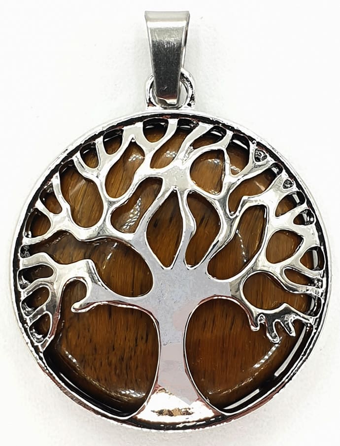 Pendentif arbre de vie Œil de Tigre métal & pierre 3cm