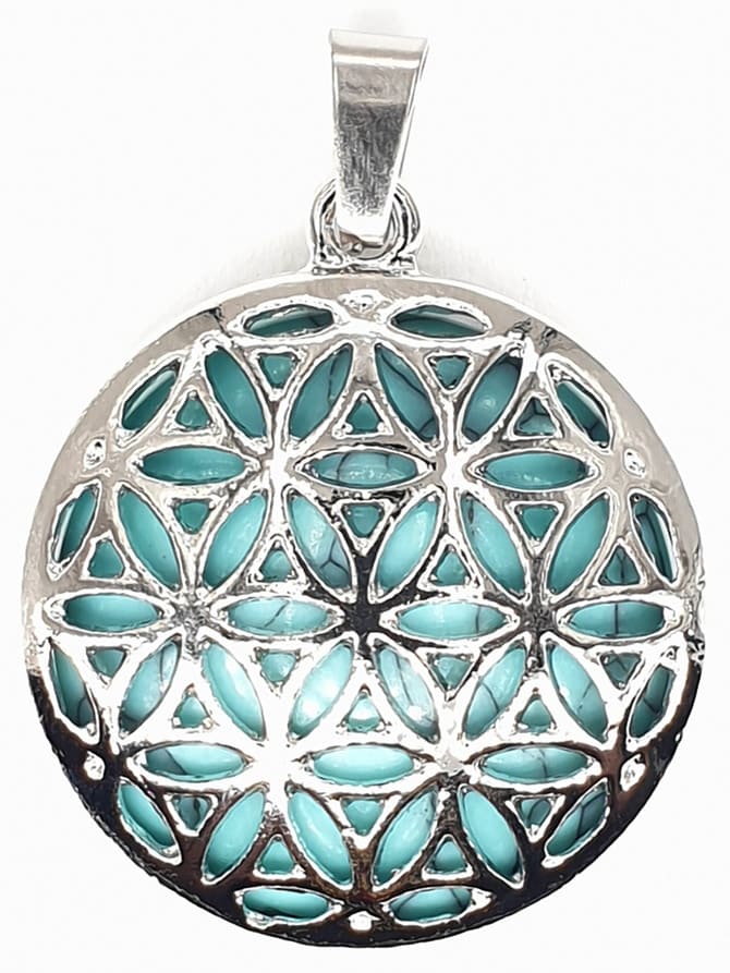 Pendentif métal Fleur de Vie Turquoise Howlite Teintéee 3cm