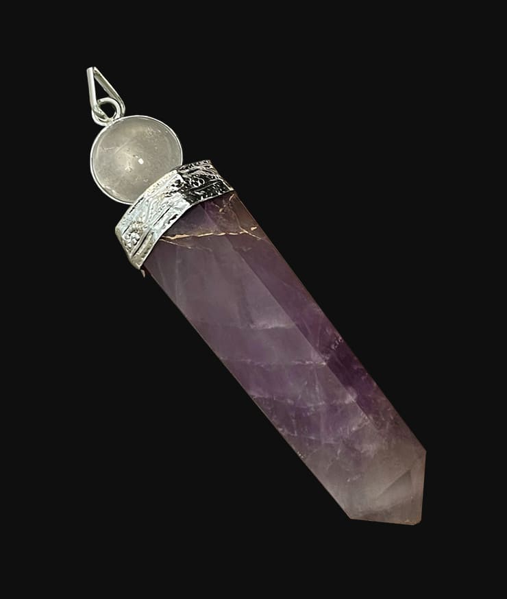 Pendentif bâton de soin Amethyste et Cristal de Roche 7cm