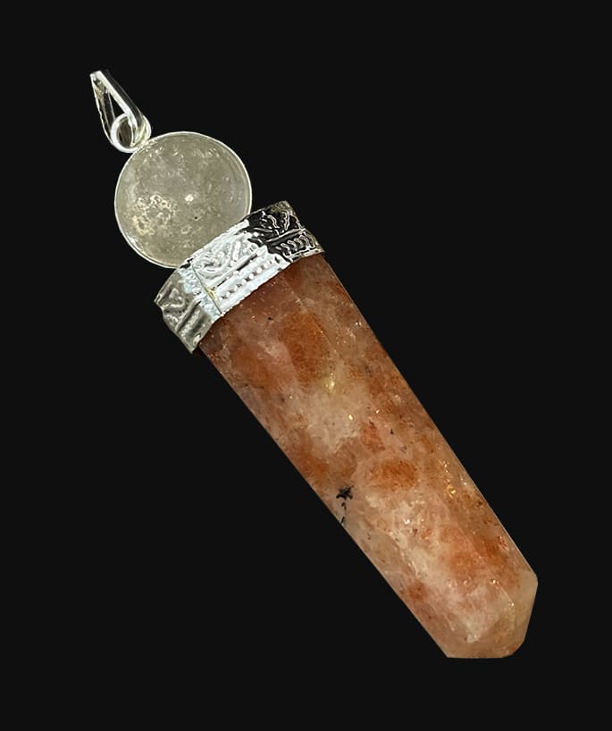 Pendentif bâton de soin Pierre de Soleil et Cristal de Roche 7cm