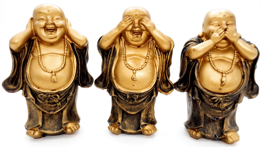 Set de 3 bouddhas rieurs sagesse dorés 14cm