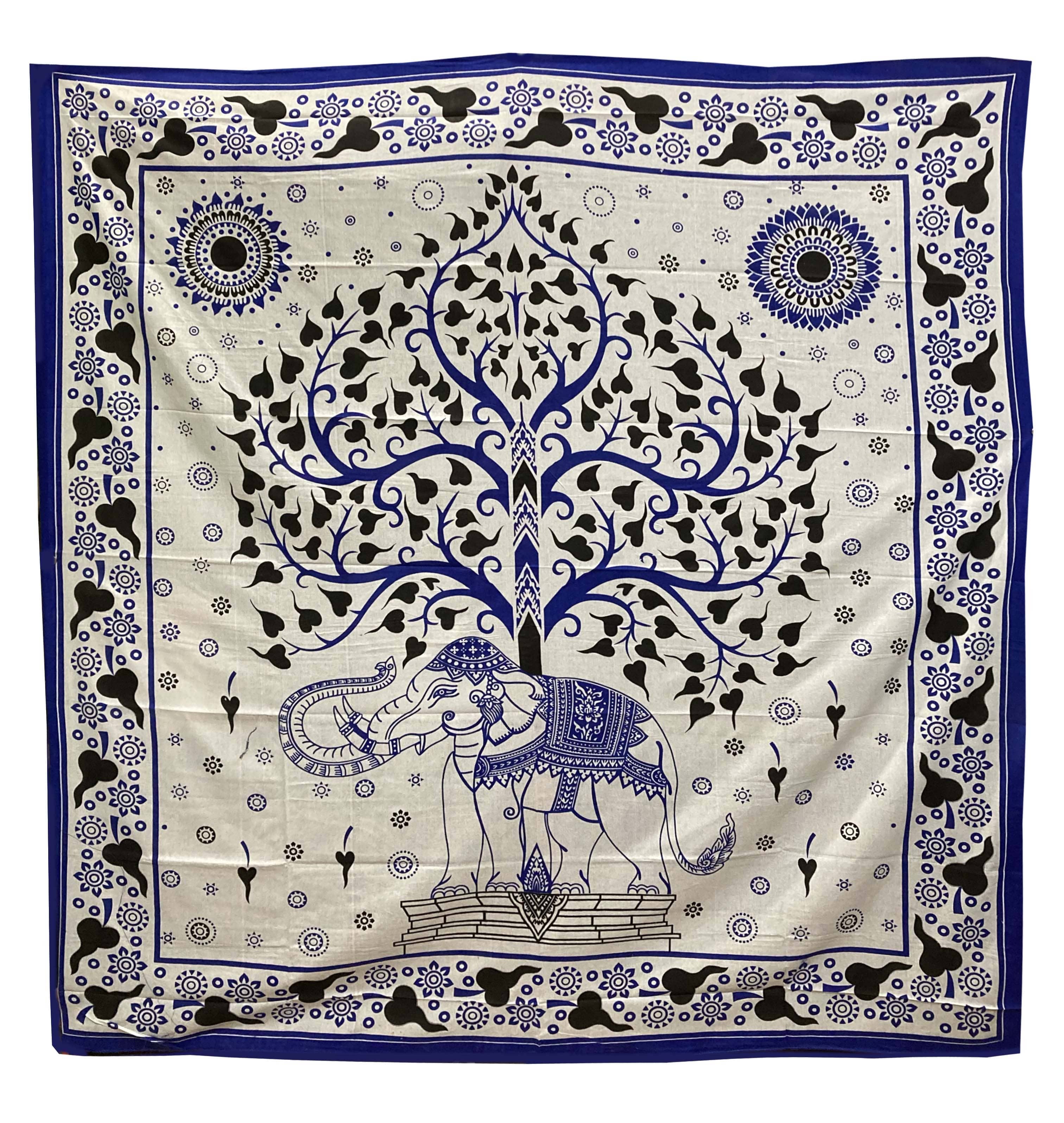 Tenture Arbre de Vie & Eléphant Blanc Bleu Noir
