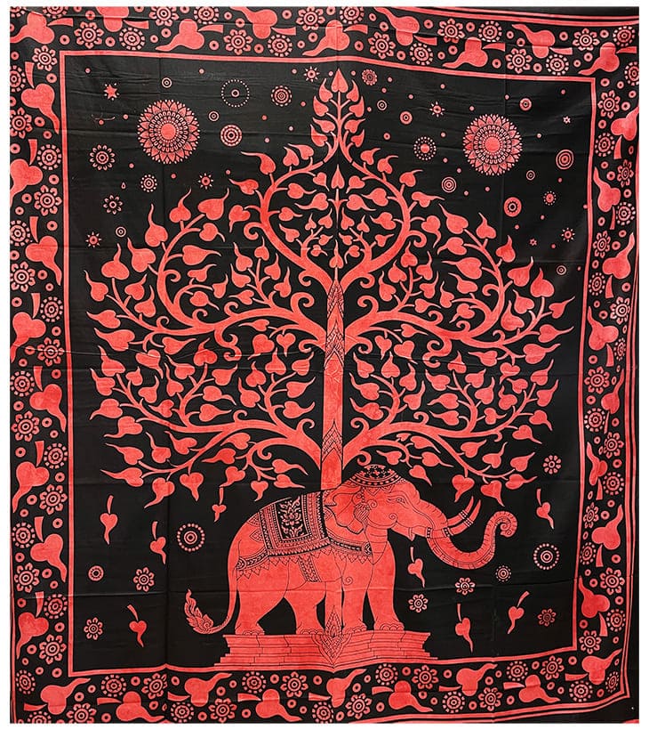 Tenture Murale Tissu Gribouille Import – Arbre De Vie Et Éléphant – Décoration Ethnique