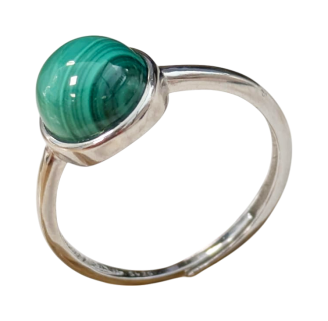 Bague Argent 925 Ajustable Ronde Malachite AAA 8mm chez Arabesk