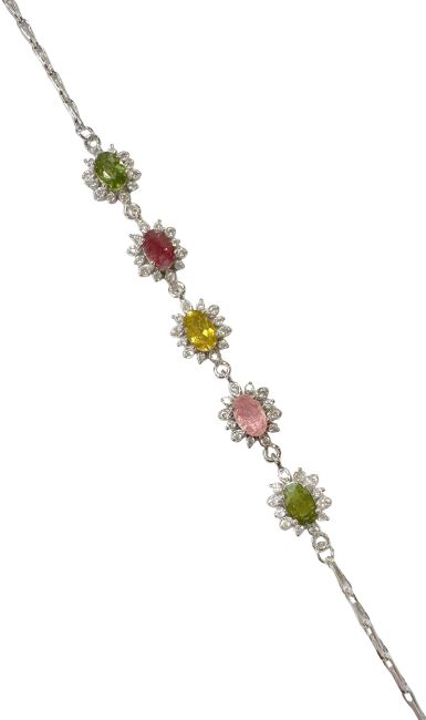 Bracelet Tourmaline Multicolore AA Fleurs & Strass Argent 925
