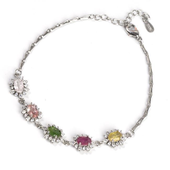 Mehrfarbiges AA-Turmalin-Armband mit Blumen und Strasssteinen aus 925er Silber