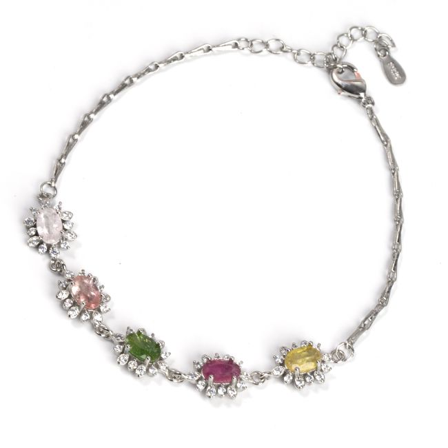 Bracelet Tourmaline Multicolore AA Fleurs & Strass Argent 925