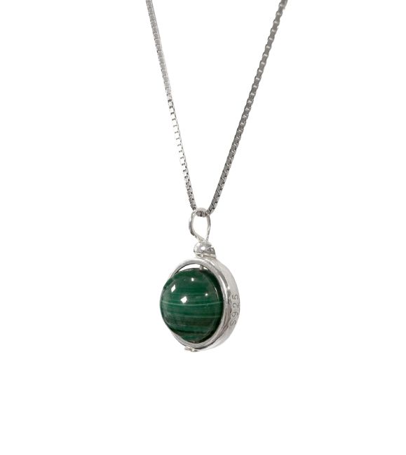 Collier Argent 925 avec Pendentif Boule Malachite AA 10mm