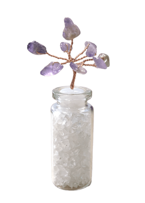 Arbre de Vie Amethyste sur Fiole de Cristal de Roche chips 8cm 