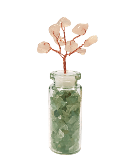 Arbre de Vie Quartz Rose sur Fiole de Aventurine Verte chips 8cm 