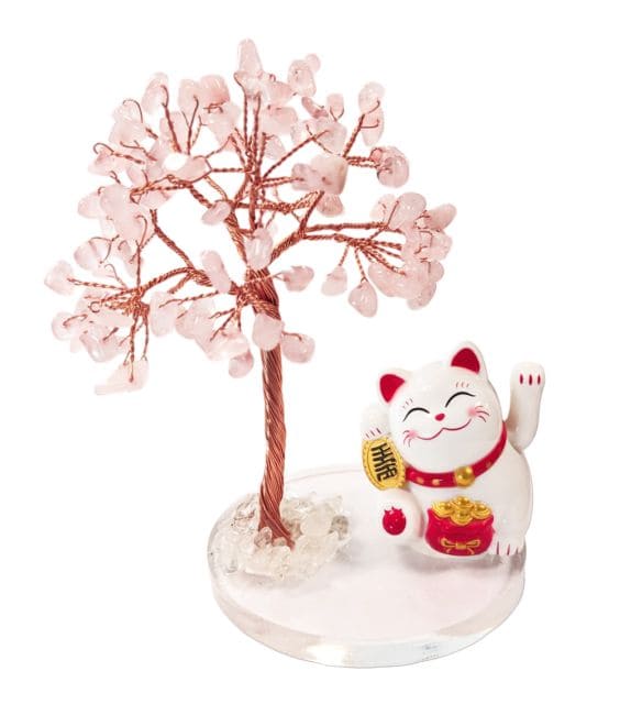 Arbre de Vie en Quartz Rose avec Manekineko chez Arabesk