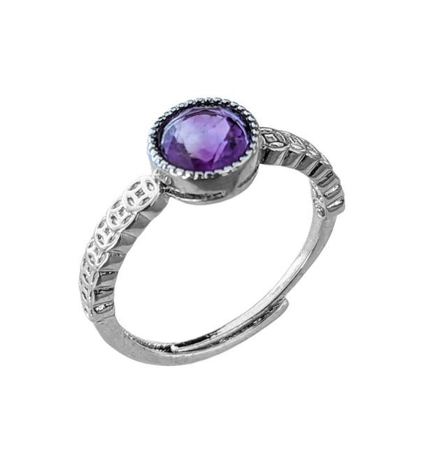 Bague en Cuivre Blanc Ajustable Rond Facetté Amethyste AA