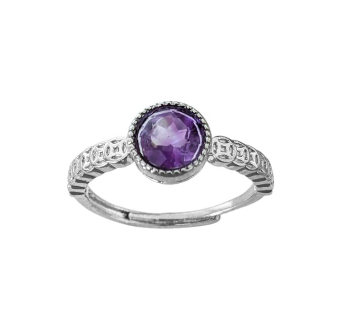 Runder facettierter Amethyst AA verstellbarer weißer Kupferring