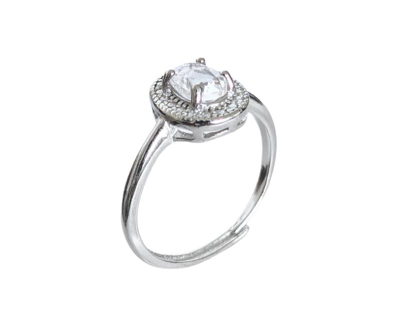 Bague Ovale Facettée en Cuivre Blanc Ajustable Cristal de Roche AA