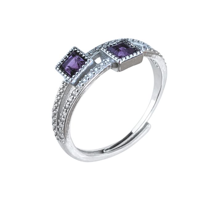 Bague Carrée Facettée en Cuivre Blanc Ajustable Amethyste AA