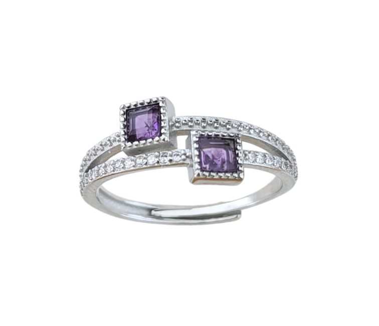 Bague Carrée Facettée en Cuivre Blanc Ajustable Amethyste AA