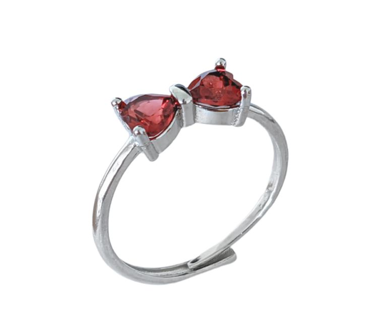 Bague en Cuivre Blanc Ajustable Nœud Papillon Cœur Grenat Rouge AAA