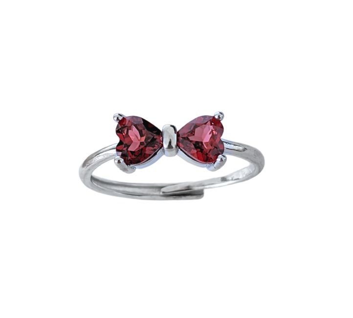 Bague en Cuivre Blanc Ajustable Nœud Papillon Cœur Grenat Rouge AAA